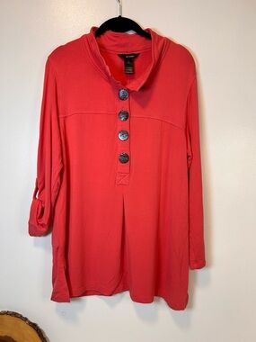 Ali Miles Coral Button Accented Tunic Flowy Top Roll Tab Sleeves Women’s Large